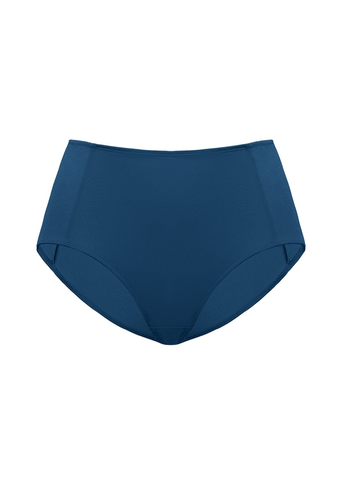 Studio flat lay of the Ocean Blue HSIA CoolComfort seamless high-waist brief, highlighting the premium double-stretch fabric and invisible tummy control.
