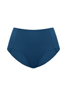 Studio flat lay of the Ocean Blue HSIA CoolComfort seamless high-waist brief, highlighting the premium double-stretch fabric and invisible tummy control.