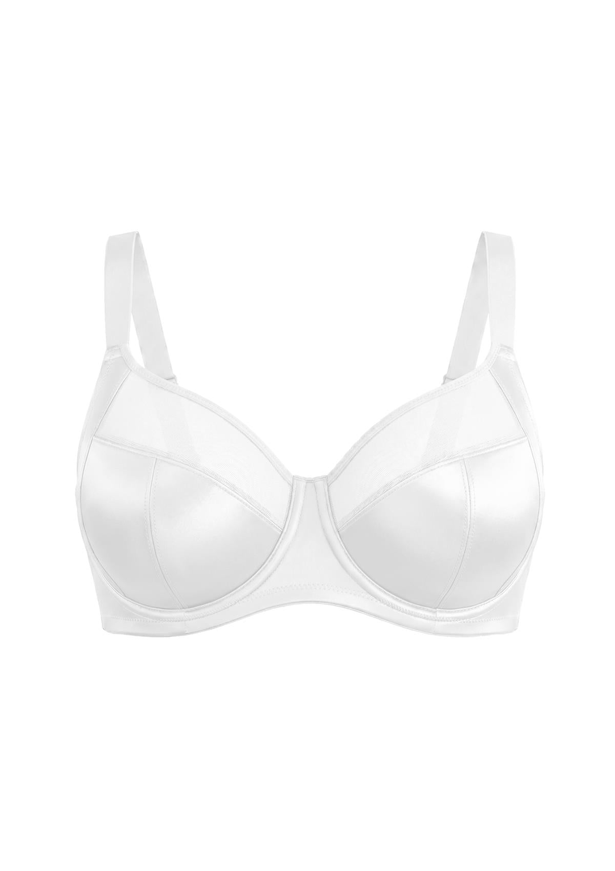 Studio product shot of the pristine White HSIA Lunaire full coverage unlined bra, engineered with side support slings for big bust women.