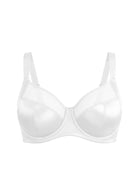 Studio product shot of the pristine White HSIA Lunaire full coverage unlined bra, engineered with side support slings for big bust women.