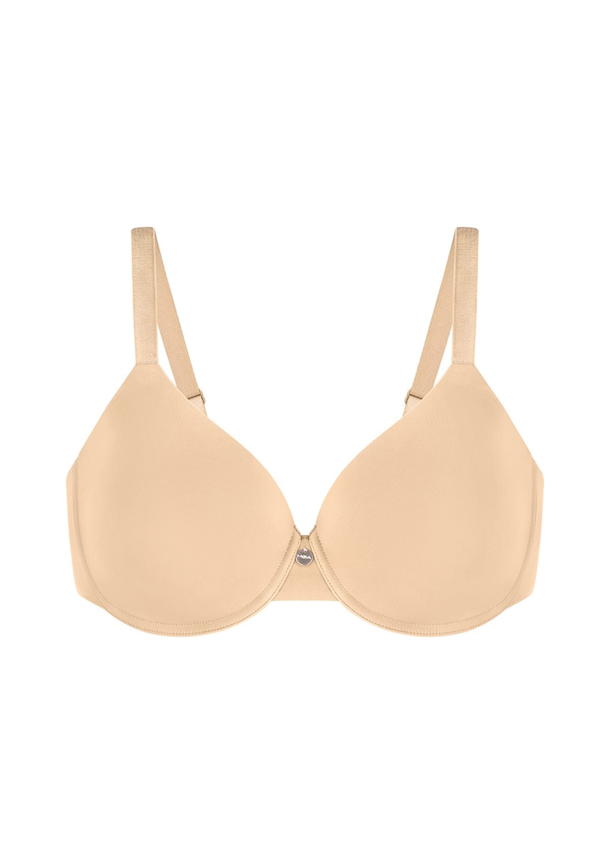 Studio shot of the Beige HSIA Mia full coverage bra, detailing the subtle metal charm, smooth 3D molded cups, and moisture-wicking Lycra fabric.