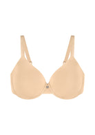 Studio shot of the Beige HSIA Mia full coverage bra, detailing the subtle metal charm, smooth 3D molded cups, and moisture-wicking Lycra fabric.