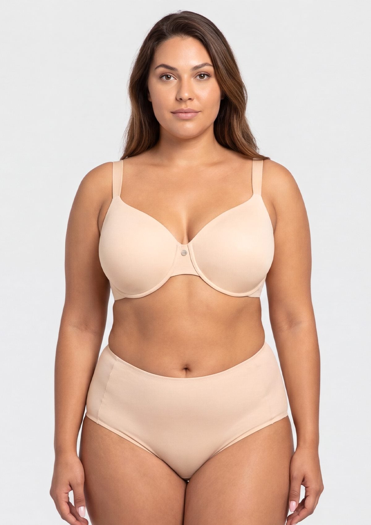 Front view of model in the Light Beige HSIA Mia full coverage bra, an essential invisible cooling layer under white T-shirts for big busted women.