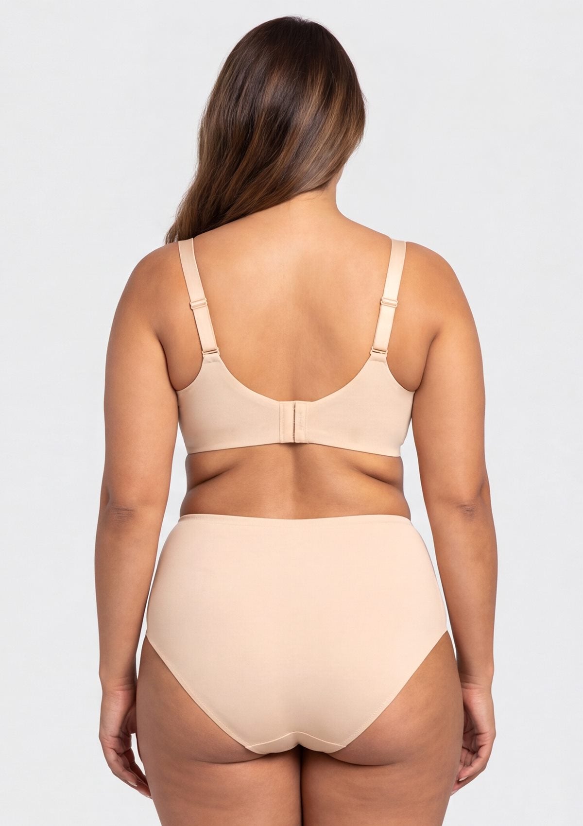 Rear view of the Light Beige Mia bra, displaying the graduated adjustable wide straps and smoothing U-back designed to relieve shoulder pressure.