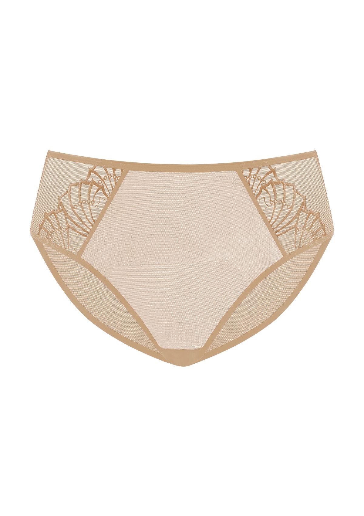 Studio shot of the Light Cinnamon HSIA Pearl Shimmer high-rise panty, an elegant matching essential offering pressure-free comfort and natural curve enhancement.