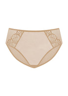 Studio shot of the Light Cinnamon HSIA Pearl Shimmer high-rise panty, an elegant matching essential offering pressure-free comfort and natural curve enhancement.