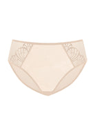 Isolated product image of the Light Beige HSIA Pearl Shimmer seamless panty, showcasing the exquisite radiant embroidery and skin-friendly stretch fabric.
