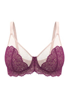 High-resolution 3D shot of the HSIA plum and soft pink sheer minimizer bra, emphasizing the delicate two-tone floral lace and the heavy-duty power mesh construction.