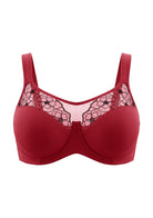 High-resolution 3D shot of the HSIA red lace full coverage bra, showcasing the exquisite floral embroidery and durable underwire structure.