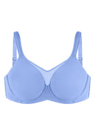 3D studio shot of the HSIA sky blue FlexGuard underwire bra, showcasing the precision engineering and elegant center mesh panel.