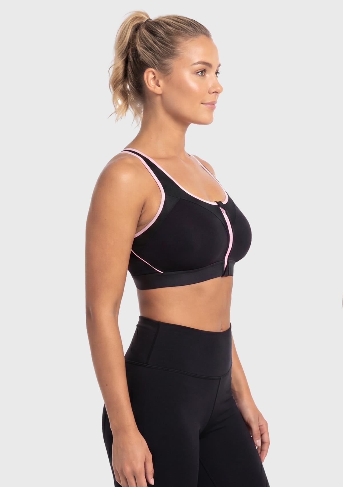 Side angle of the Black high impact sports bra, illustrating the wireless full-coverage encapsulation and wide padded straps designed for big busted women.