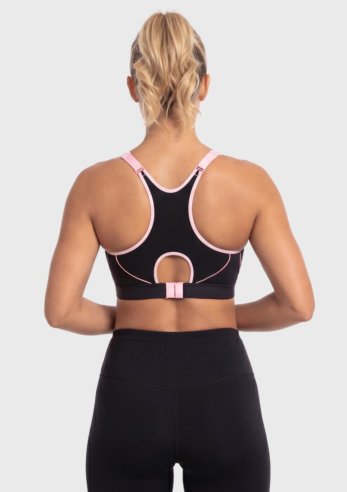 Back view of the Black HSIA Speed Race running bra, highlighting the advanced moisture-wicking racerback mesh and pressure-relief straps.