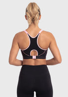 Back view of the Black HSIA Speed Race running bra, highlighting the advanced moisture-wicking racerback mesh and pressure-relief straps.