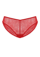 Flat lay of the Coral Red HSIA Stella sheer lace bikini panty on a white background, featuring exquisite floral details designed for a beautifully coordinated lingerie set.