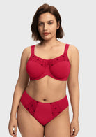 Front view of the stunning red romantic embroidered full coverage bra, delivering breathtaking beauty and secure lift for heavy breasts.
