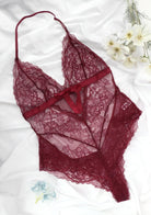 Deep V Lace Sheer Mesh Bodysuit Lingerie - HSIA