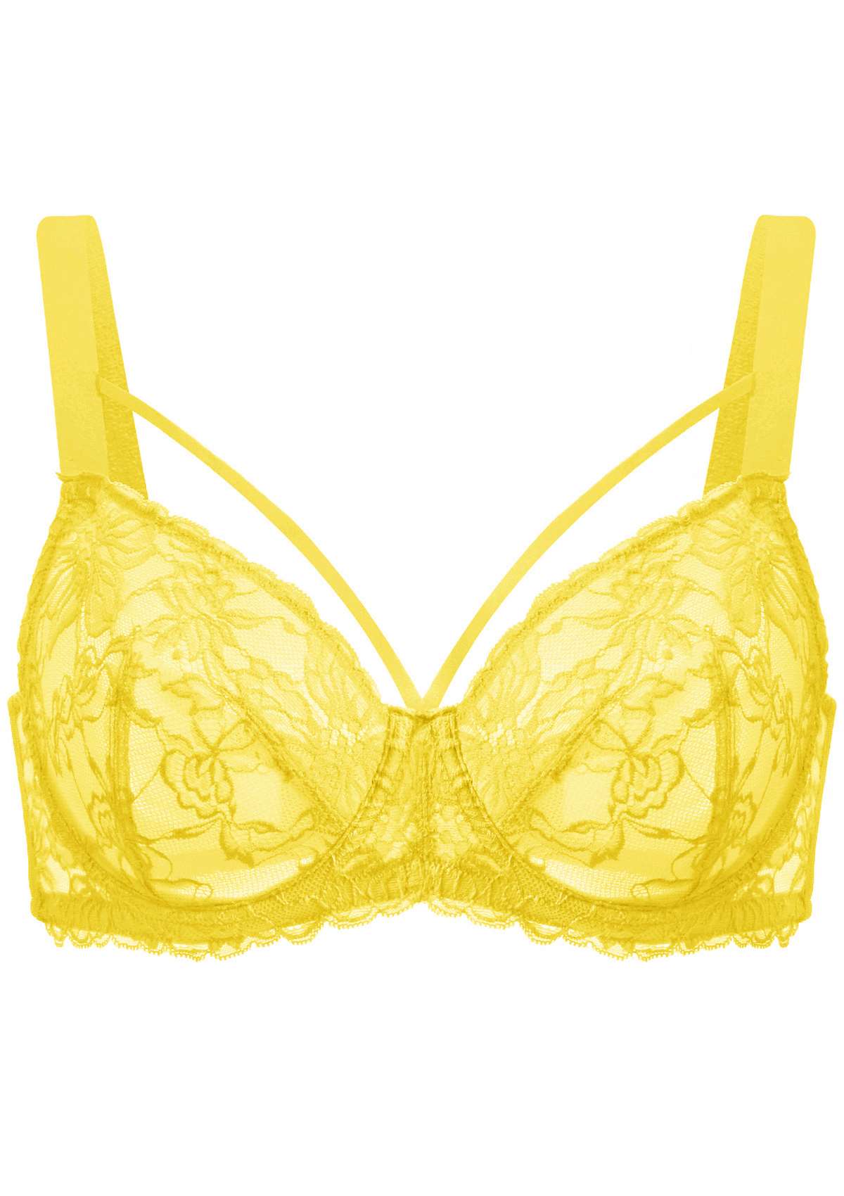 Pretty In Petals Bright Yellow Unlined Strappy Lace Bra - HSIA